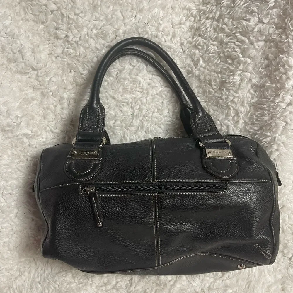 Tignanello leather black Medium Satchel silver tone hardwares.